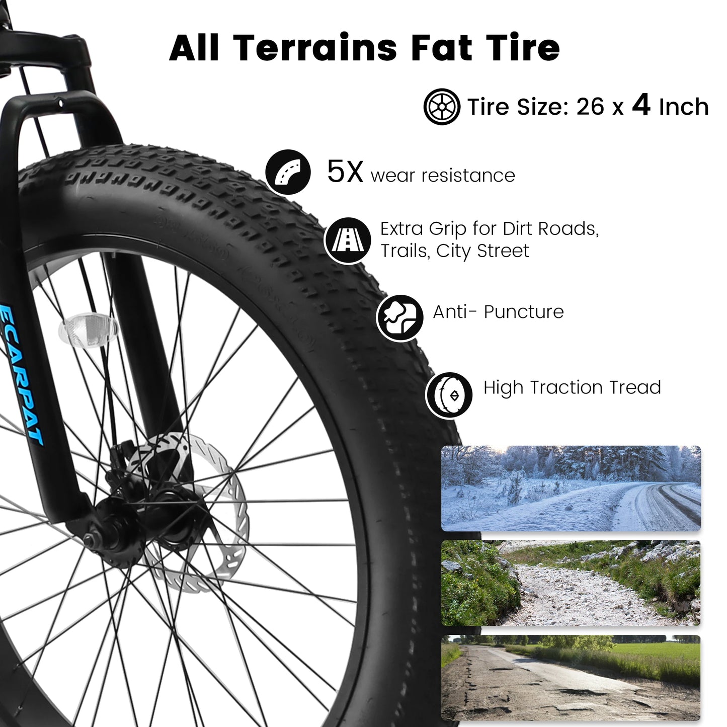 Ecarpat 26-Inch Fat Tire Mountain Bike – 4" Wide Tires, 21-Speed Snow Bike with Steel Frame & Disc Brakes for Men & Women