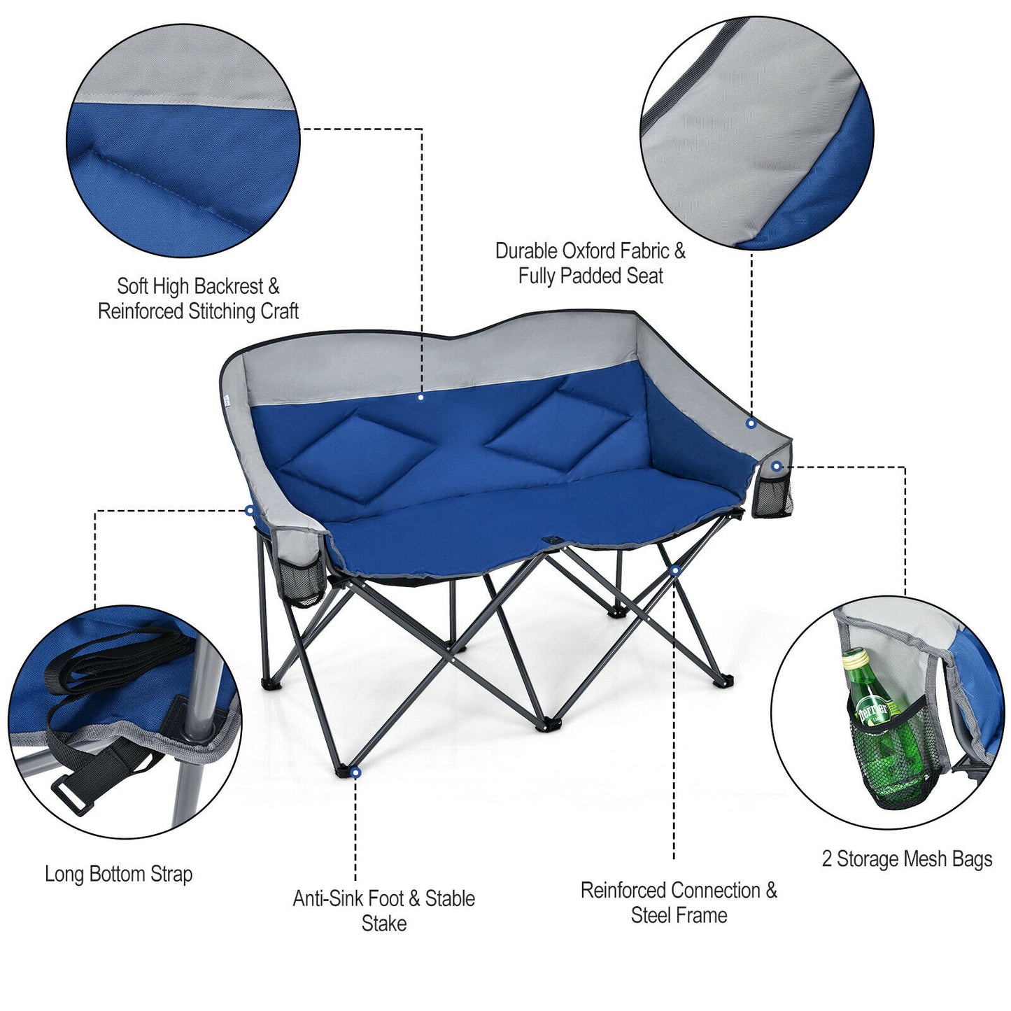 Elevate Your Camping Experience with the Patio Joy Folding Loveseat Double Seat Chair: Includes Bags and Padded Backrest (Model OP70772BL)