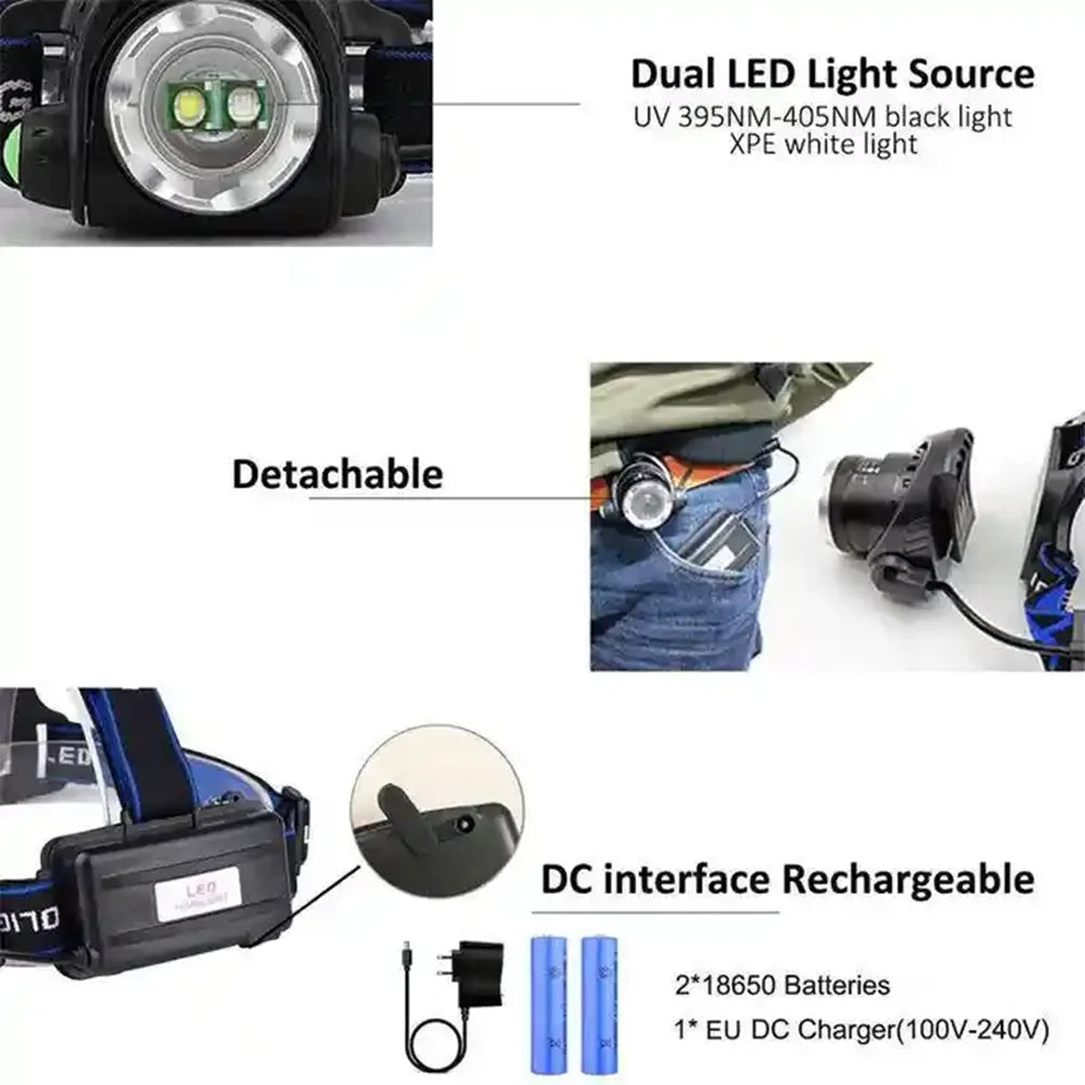 Powerful Dual Light Headlamp: XPE White & 395nm LED UV, Rechargeable, Zoomable, 4 Modes, Waterproof – Ultimate Headlight for Any Adventure