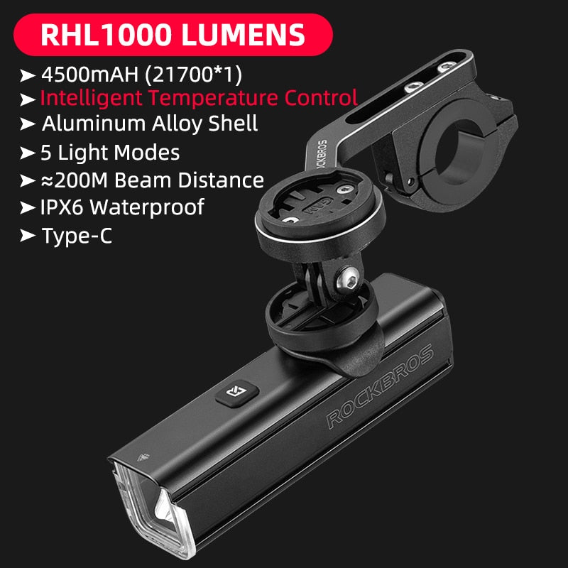 Illuminate Your Ride with ROCKBROS 1000LM Type-C Rechargeable Bicycle Front Light – Powerful LED, 4500mAh Battery, Waterproof Design