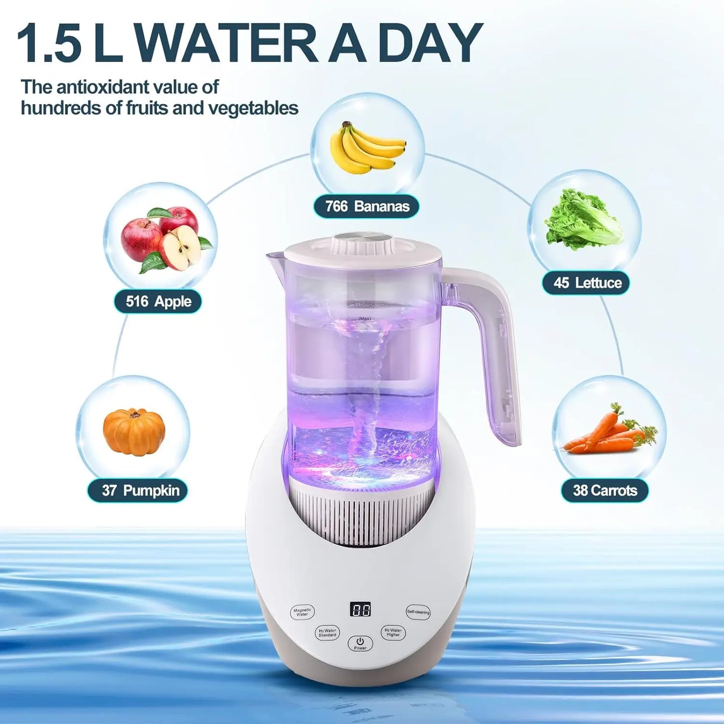 Water Pitcher: Balances pH Levels and Filters with Calcium Sulfite, Includes Hydrogen Water Generator