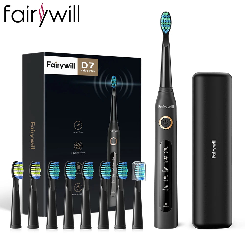 Fairywill FW-507 Sonic Electric Toothbrush: Ultra Sonic, 5 Modes, USB Charger, Waterproof IPX7 with 3 Brush Heads – Perfect Gift!