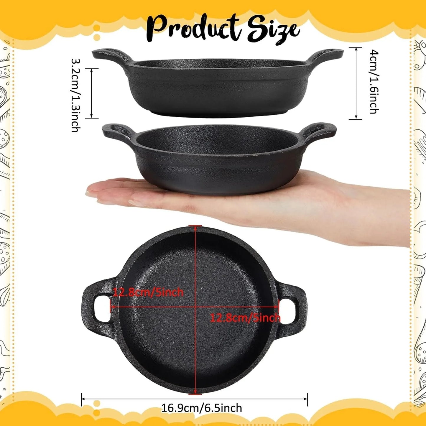 Mini Cast Iron Frying Pan Set – 2-Piece, 5" x 5" x 1.3", Black, Oven-Safe Skillets for Indoor/Outdoor Cooking, Kitchen & Picnic Use