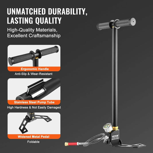 4500 PSI High-Pressure Hand Pump – 3-Stage PCP Airgun Stirrup Pump for Air Rifles (30MPa), Black