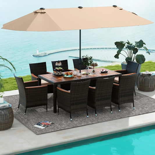 🌞 10-Piece Patio Rattan Dining Set with 15Ft Double-Sided Umbrella