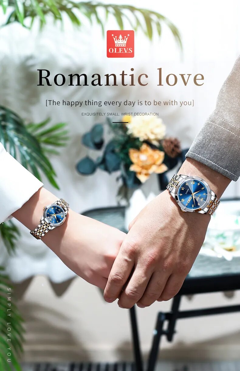 OLEVS Rhombus Mirror Couple Watches: Luxury Quartz, Waterproof, Luminous, Date & Week for Him and Her