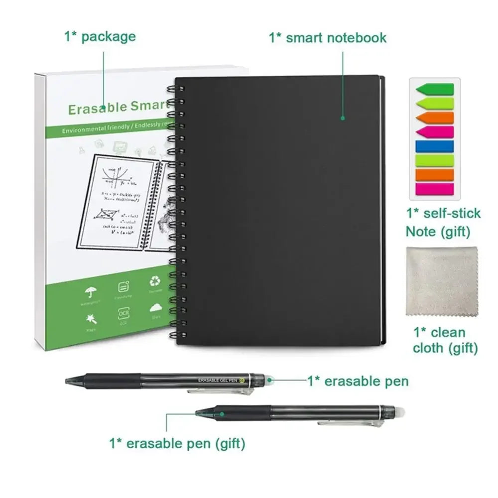 A4 Reusable Erasable Smart Notebook: Includes Pen, Cloth, Microwave Heating, and Waterproof Notepad for Office or School