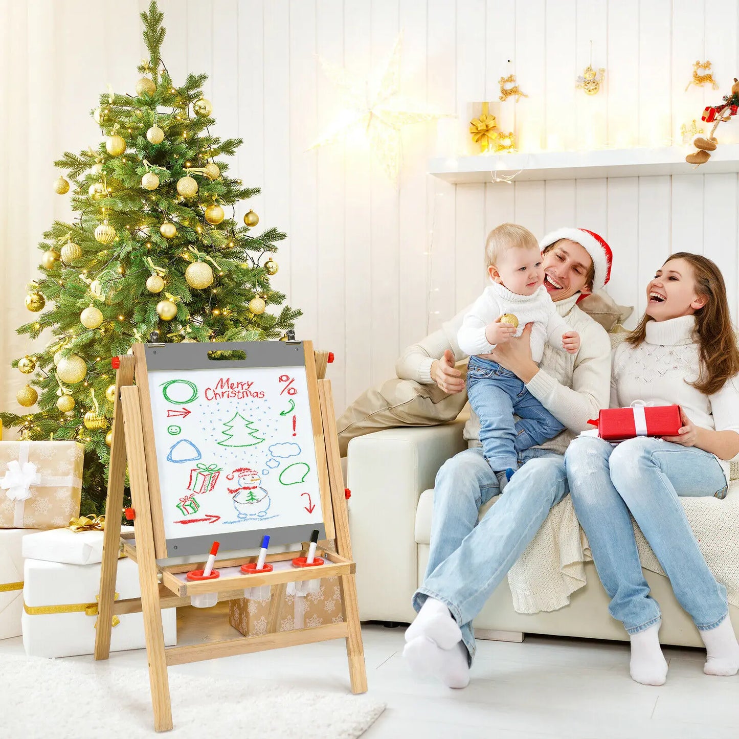 Kids Art Easel with Whiteboard, Paper Roll, and Double-Sided Chalkboard