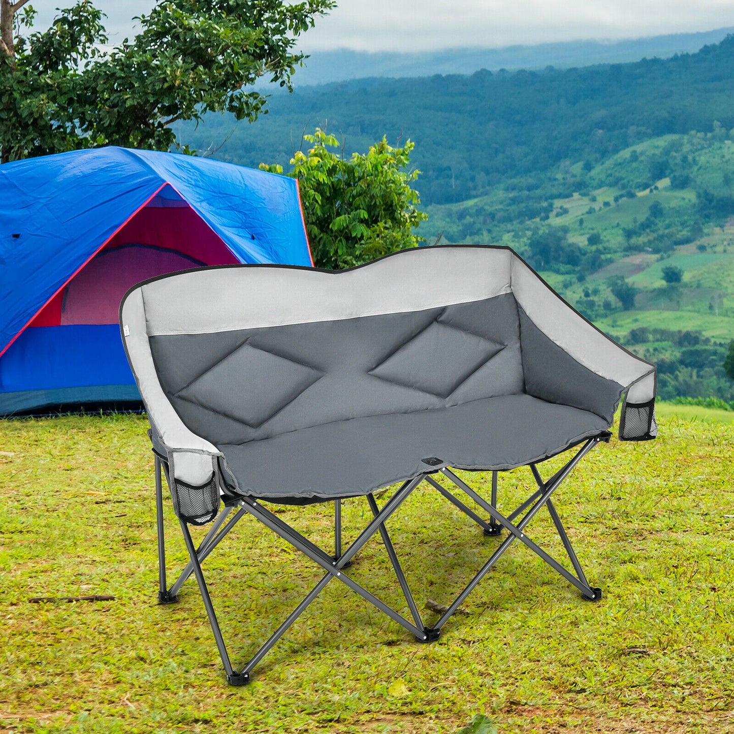 Elevate Your Camping Experience with the Patio Joy Folding Loveseat Double Seat Chair: Includes Bags and Padded Backrest (Model OP70772BL)