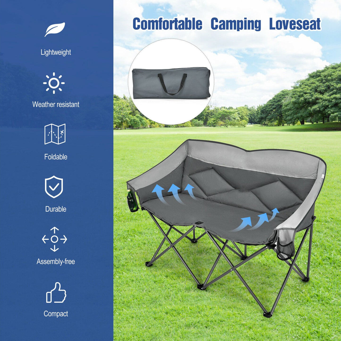 Elevate Your Camping Experience with the Patio Joy Folding Loveseat Double Seat Chair: Includes Bags and Padded Backrest (Model OP70772BL)