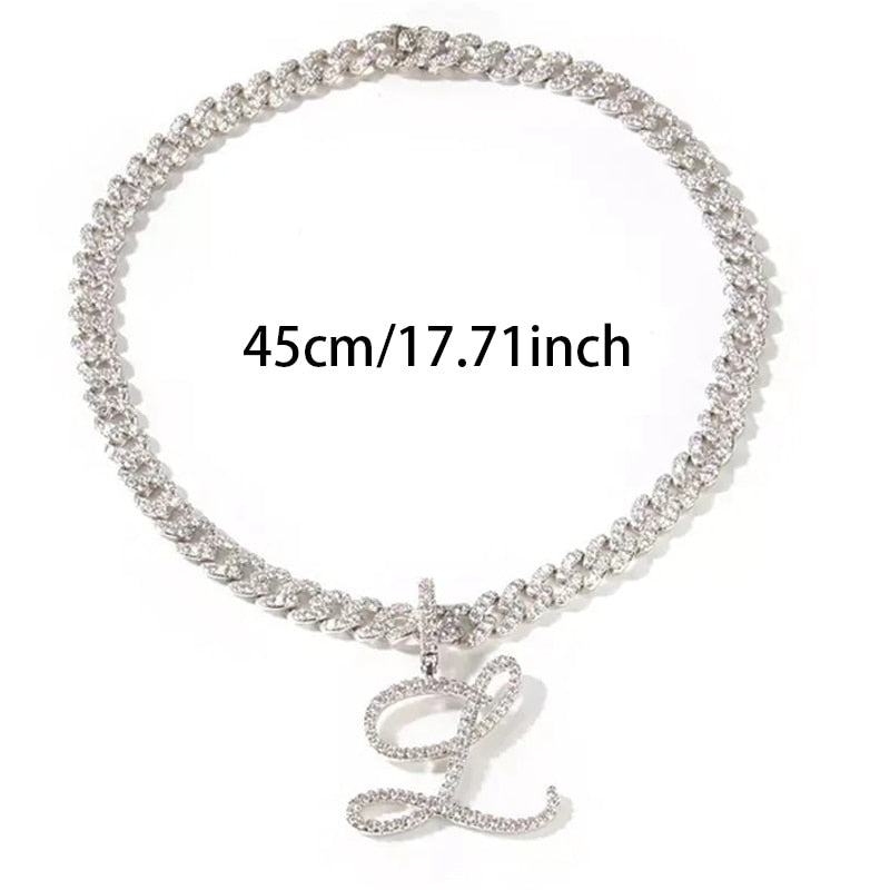 Ice Out Cuban Necklace for Women with New A-Z Cursive Letter Pendant Choker