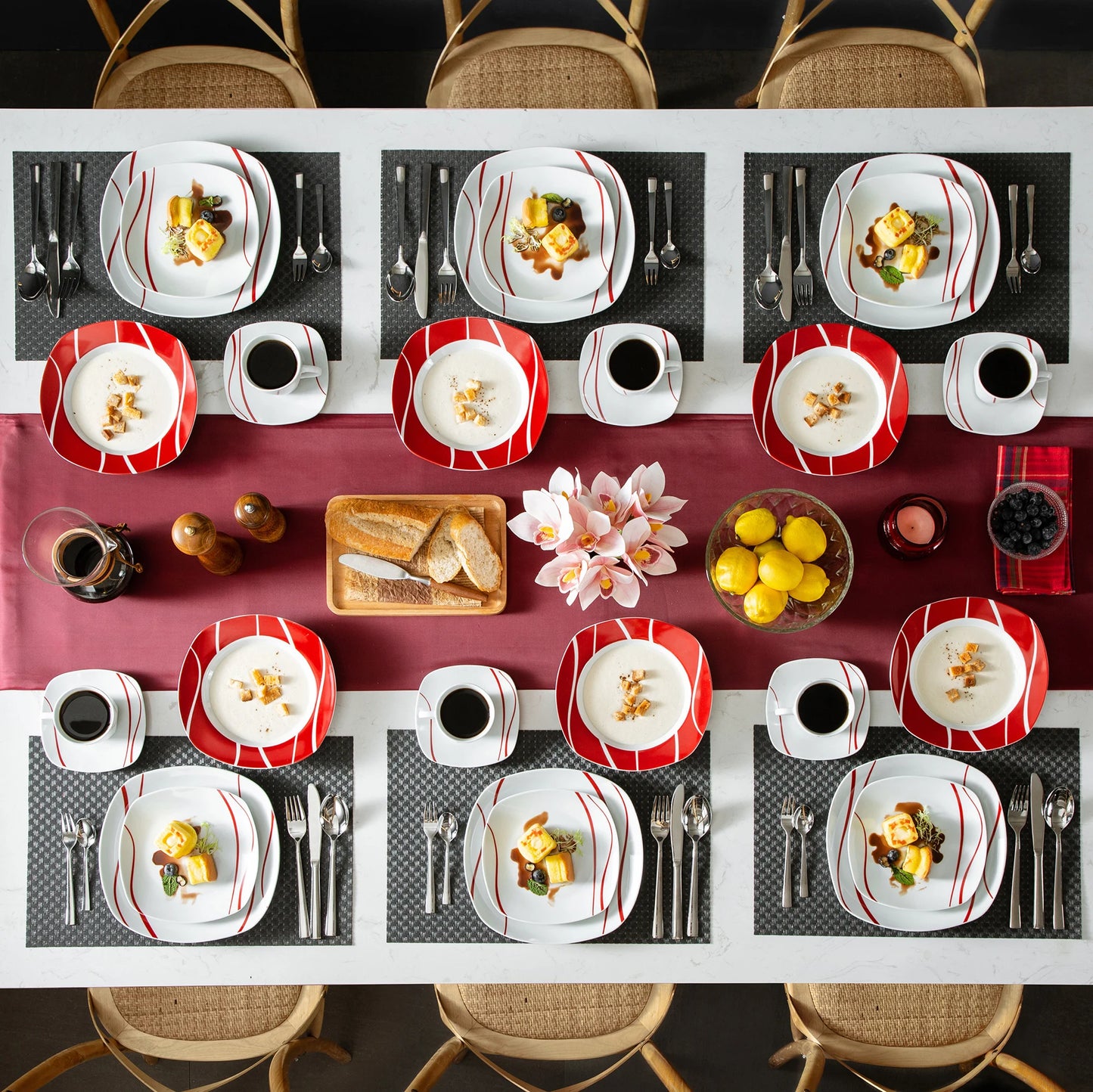 30-Piece Porcelain Dinnerware Set – Red Striped Ivory White Plates, Cups, Saucers, Bowls & Dessert Dishes (Service for 6)