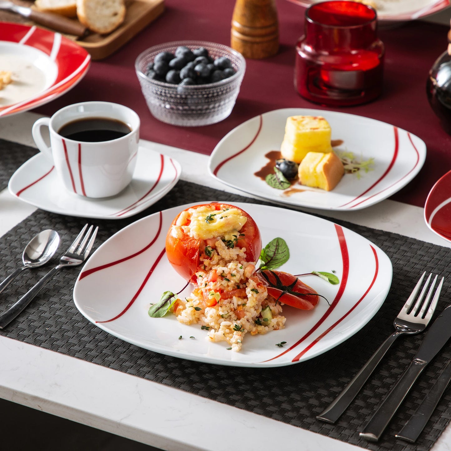 30-Piece Porcelain Dinnerware Set – Red Striped Ivory White Plates, Cups, Saucers, Bowls & Dessert Dishes (Service for 6)