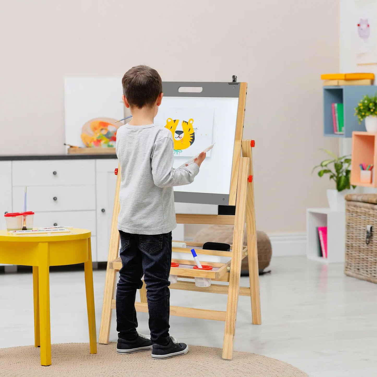 Kids Art Easel with Whiteboard, Paper Roll, and Double-Sided Chalkboard