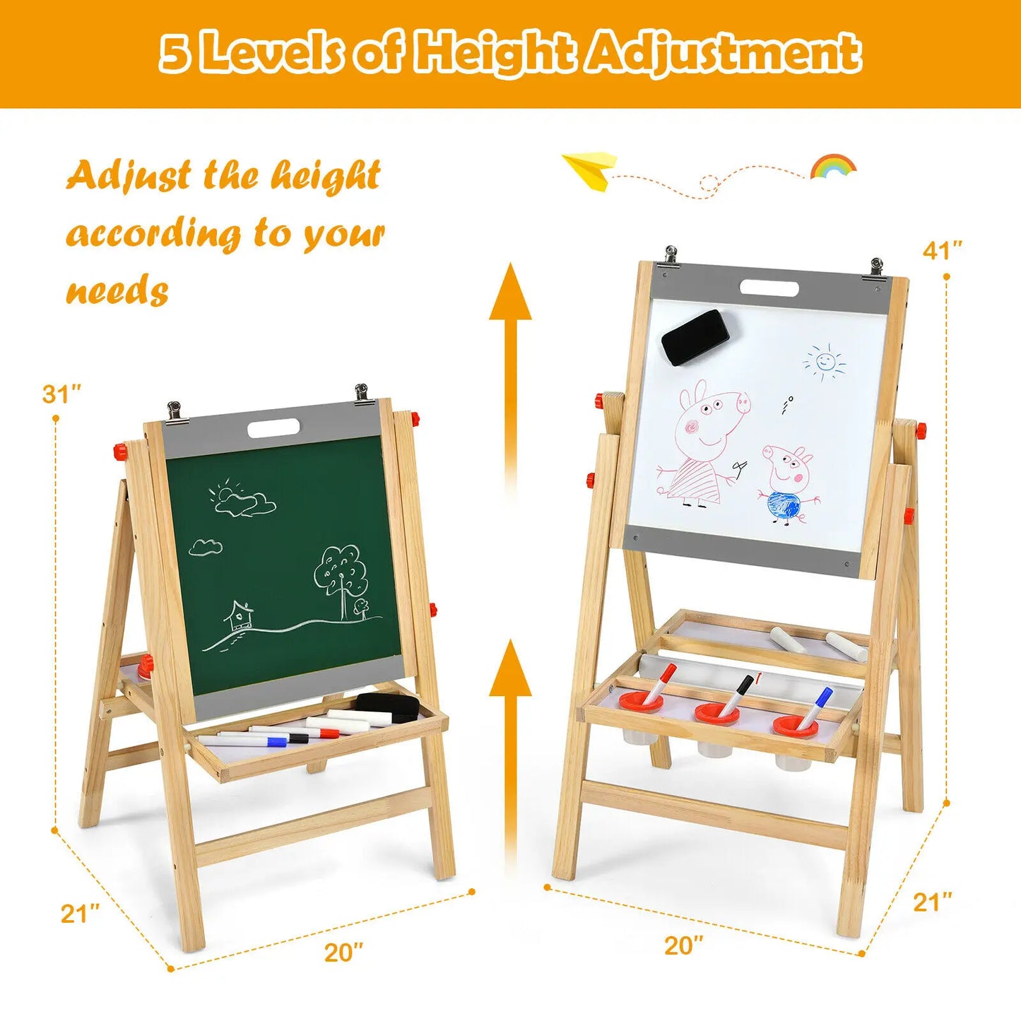 Kids Art Easel with Whiteboard, Paper Roll, and Double-Sided Chalkboard