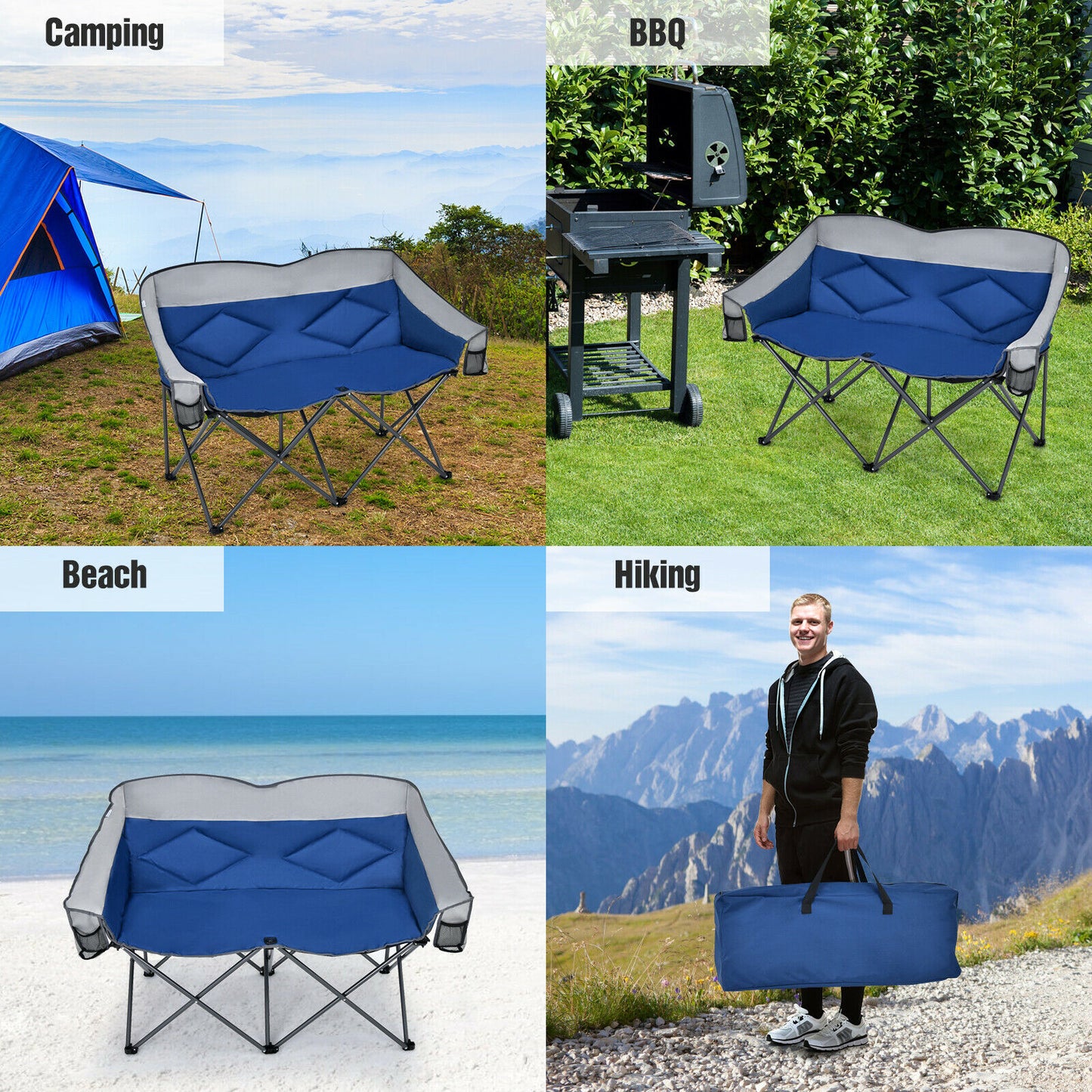 Elevate Your Camping Experience with the Patio Joy Folding Loveseat Double Seat Chair: Includes Bags and Padded Backrest (Model OP70772BL)