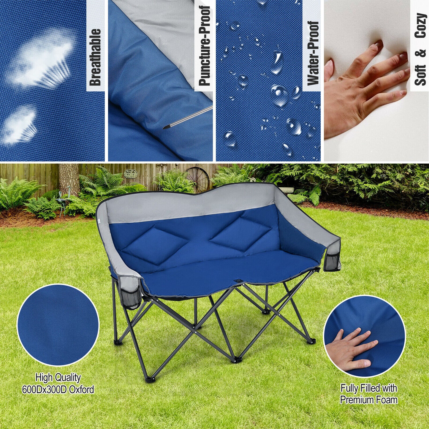 Elevate Your Camping Experience with the Patio Joy Folding Loveseat Double Seat Chair: Includes Bags and Padded Backrest (Model OP70772BL)