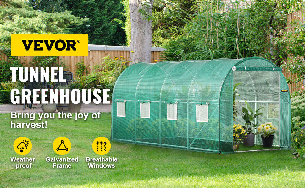 VEVOR Walk-in Tunnel Greenhouse: Galvanized Frame with Waterproof Cover - Available in Various Sizes (15x7x7/10x7x7/20x10x7/12x7x7 ft)