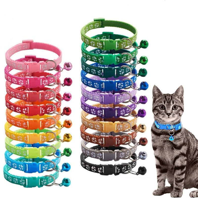 Colorful Cartoon Footprint Cat Accessories: Adjustable Kitten Collar with Safety Bell Ring Necklace