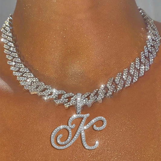 Ice Out Cuban Necklace for Women with New A-Z Cursive Letter Pendant Choker